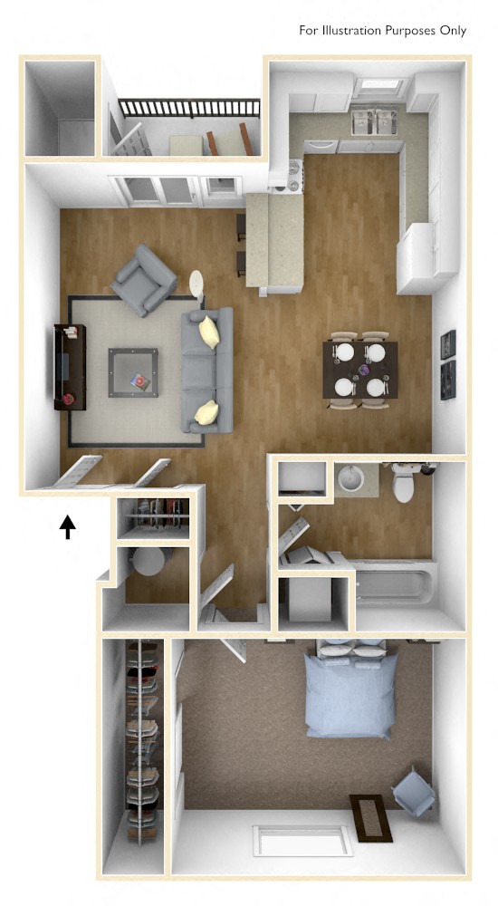 Floor plan for 1 bed, 1 bath, 764 sqft